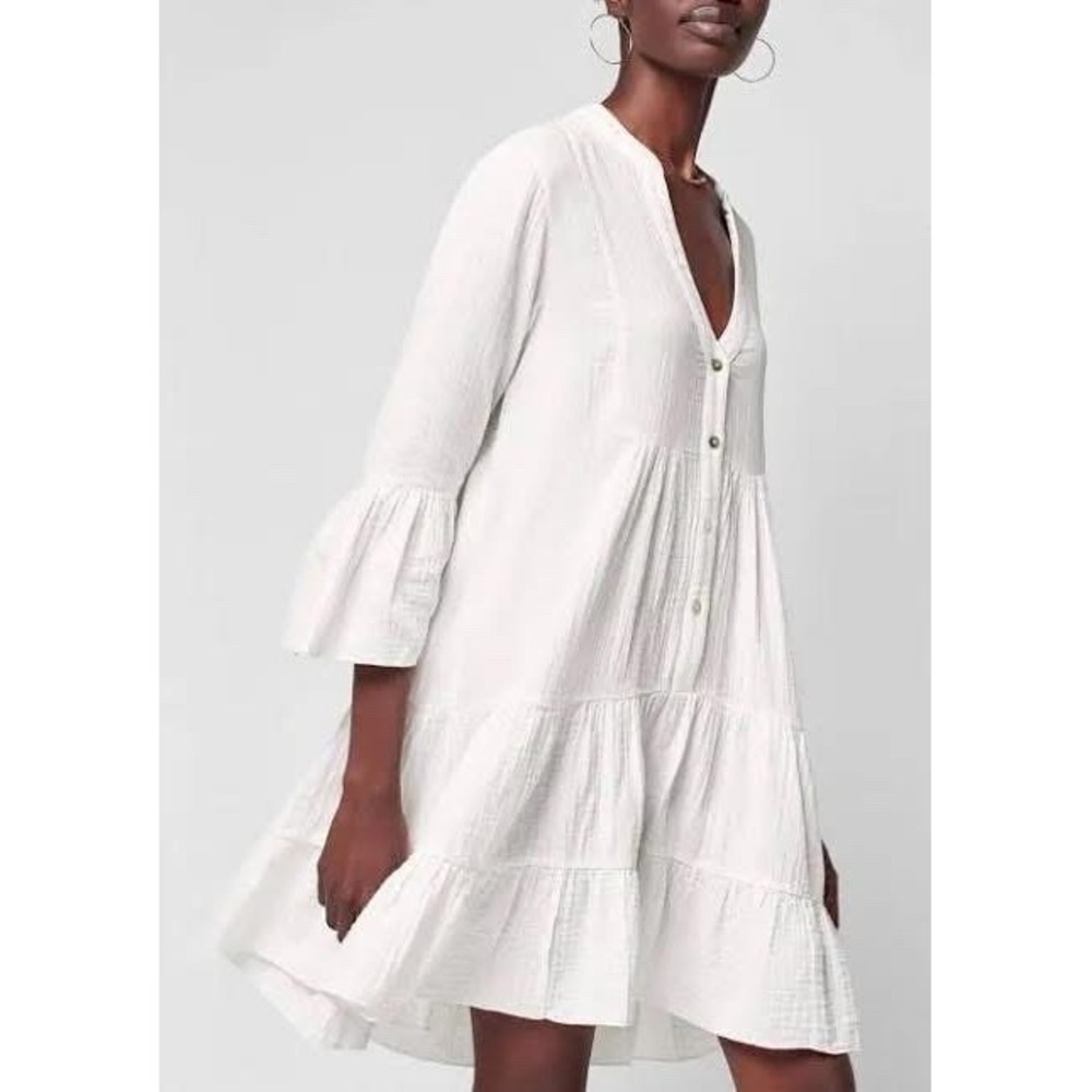 Faherty Dune Cotton Kasey white knee length long sleeve flowy dress size medium